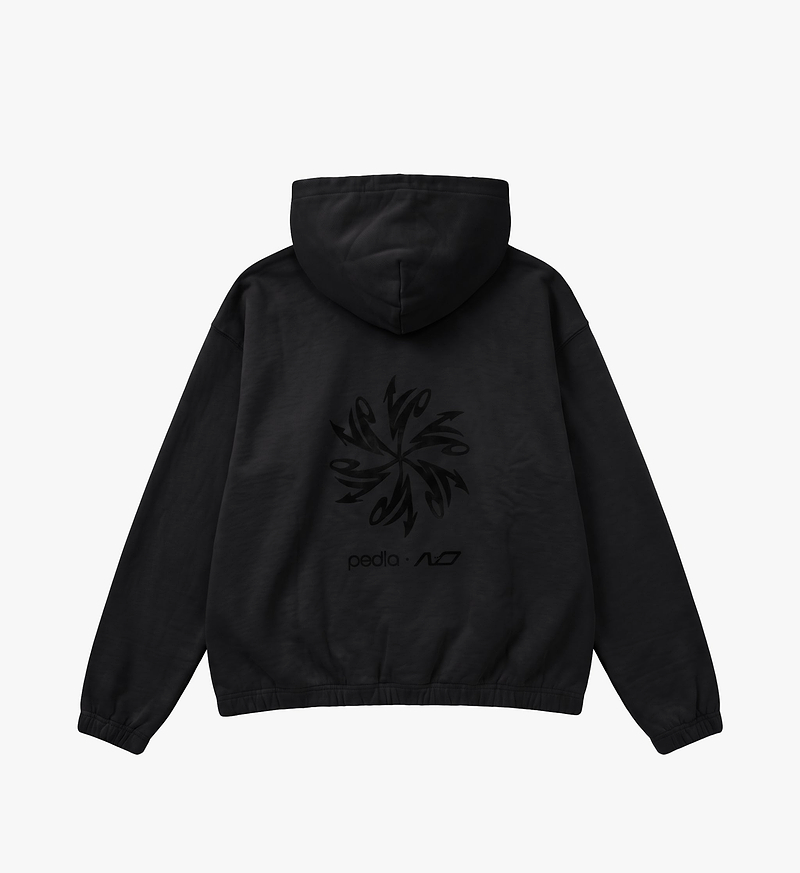 PEDLA x N-0 black heavyweight 100% cotton cropped hoodie back view — garment-washed fleece, two-piece hood with drawcord, kangaroo pocket, ribbed cuffs and hem; unisex technical streetwear for on- and off-bike wear