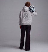 Pedla x N-0 grey heavyweight cotton cropped hoodie (back view), garment-washed 100% cotton fleece, two-piece hood with drawcord, kangaroo pocket, ribbed cuffs — unisex technical cycling streetwear