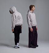 PEDLA x N-0 cropped heavyweight grey cotton fleece hoodie, garment-washed soft hand, unisex technical streetwear for on-and-off-bike with two-piece hood, drawcord and kangaroo pocket