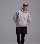 PEDLA x N-0 grey cropped heavyweight 100% cotton fleece hoodie, garment-washed soft hand, unisex technical streetwear for on/off-bike use, two-piece hood with drawcord, front kangaroo pocket and ribbed cuffs