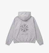 Back view of PEDLA x N-0 grey heavyweight cropped hoodie — garment-washed 100% cotton fleece, two-piece drawcord hood, front kangaroo pocket, ribbed cuffs and hem; unisex technical streetwear.
