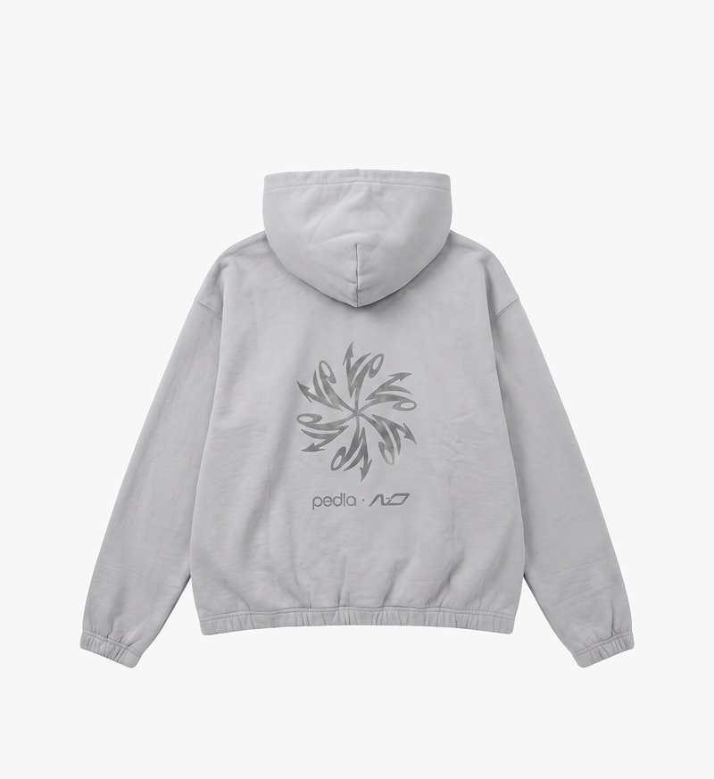 Back view of PEDLA x N-0 grey heavyweight cropped hoodie — garment-washed 100% cotton fleece, two-piece drawcord hood, front kangaroo pocket, ribbed cuffs and hem; unisex technical streetwear.