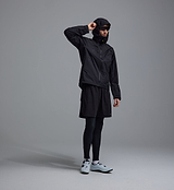 PEDLA x N-0 black running shorts side view - lightweight nylon-elastane stretch woven unisex training and cycling shorts with side splits, bonded hem, invisible zip side pockets, rear zip pocket, elastic drawcord waistband