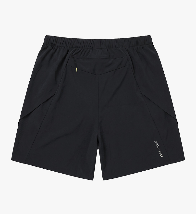 PEDLA x N-0 black running shorts (back view) — lightweight nylon-elastane technical cross-training, cycling and riding shorts with elastic drawcord, side splits, lamination-bonded hems and rear zip pocket