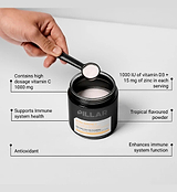 Pillar ULTRA IMMUNE C tropical powder jar with scoop — athlete immune support (1000 mg Vitamin C, 15 mg Zinc, 1000 IU Vitamin D3), sugar-free, vegan, Informed Sport certified, made in Australia