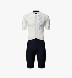 Pro Pursuit men's white pro crit skinsuit — race-fit aero cycling suit with WOVEN Grid fabric, AeroPRISMA sleeves, silicone leg grippers and Italian 7+ hour chamois for criterium and road racing