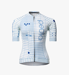 Women's Pro Pursuit 3.0 race-fit short sleeve cycling jersey, white grid graphic, aero race jersey with Italian fabrics, AeroPRISMA sleeves, heat-welded cuffs, mesh underarms, reflective accents and 3 rear pockets