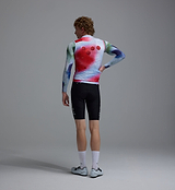 Race Division Men's Classic LITE Gilet red grid back view on rider — lightweight, packable recycled fabric; breathable mesh back; windproof, water-resistant front; reflective trim; three rear pockets; standard fit for road cycling, training, commuting