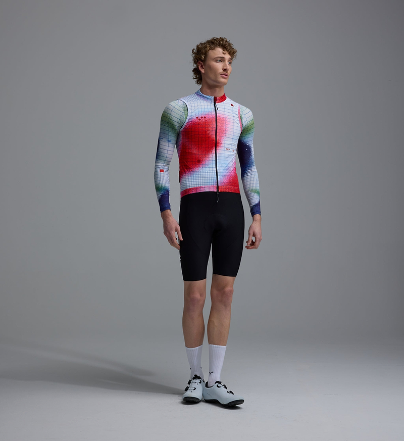 Men's Classic LITE cycling gilet, red grid front - lightweight packable, windproof water-resistant front, mesh back, breathable recycled fabric, two-way zipper, silicone hem, reflective details, 3 rear pockets, road/race