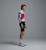 Side view of men's Race Division Classic LITE gilet, red grid — lightweight packable cycling vest; windproof water‑resistant front, breathable recycled mesh back, elastic armholes, silicone hem, two‑way zipper, reflective trim, 3 rear pockets