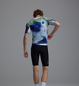 Back view of men's Race Division training cycling jersey in cobalt grid print, breathable perforated panels, UPF 30+ sun protection, 83% REPREVE recycled polyester/17% elastane, silicone gripper hem, extended sleeves, four-way stretch