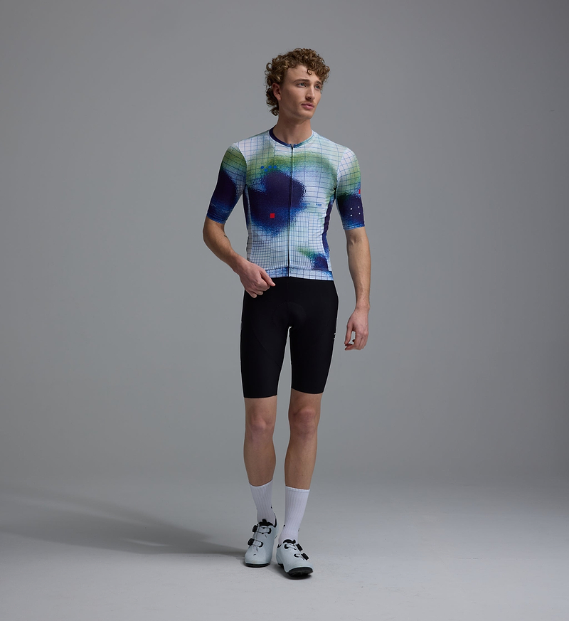 Men's Race Division Training cycling jersey, cobalt grid front — performance road bike jersey with UPF 30+, 83% REPREVE recycled polyester/17% elastane, breathable perforated panels, moisture-wicking, four-way stretch, silicone gripper hem