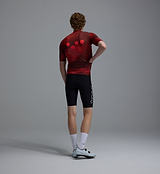 Race Division men's deep red grid training cycling jersey (back view) - REPREVE 83% recycled polyester/17% elastane, UPF 30+, breathable perforated panels, silicone gripper hem, extended sleeves, moisture-wicking four-way stretch
