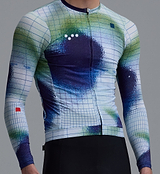 Men's Race Division long-sleeve training cycling jersey close-up, cobalt grid print, UPF 30+, REPREVE recycled polyester, moisture-wicking, breathable perforated panels, silicone gripper hem, four-way stretch