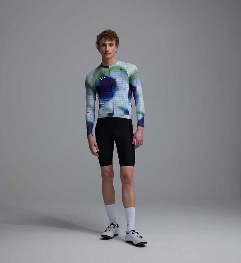 Men's Race Division long-sleeve training cycling jersey, cobalt grid print, full-zip, breathable perforated panels, UPF 30+ sun protection, REPREVE recycled polyester, four-way stretch, silicone gripper hem, moisture-wicking
