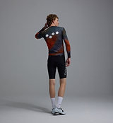 Men's Race Division long-sleeve training cycling jersey back view — Grid Workshop blue/orange, breathable perforated panels, moisture-wicking 83% REPREVE recycled polyester, UPF 30+, silicone gripper hem, four-way stretch