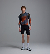 Men's long-sleeve training cycling jersey, blue-orange grid print, breathable perforated panels, UPF30+ sun protection, REPREVE recycled polyester, moisture-wicking, four-way stretch, silicone gripper hem, extended sleeves
