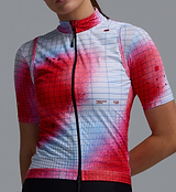 Women's Race Division Classic LITE gilet close-up, red grid cycling vest — lightweight, windproof water-resistant front; breathable recycled fabric with mesh back, silicone hem, SAB two-way zipper and reflective details