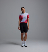 Women's Race Division red grid training cycling jersey, full-zip short-sleeve with breathable perforated panels, UPF 30+ sun protection, moisture-wicking REPREVE recycled polyester, silicone gripper hem, four-way stretch