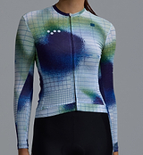 Close-up of Race Division women's fitted long-sleeve training cycling jersey in cobalt, zip-front, UPF 30+, 83% REPREVE recycled polyester, breathable perforated panels, moisture-wicking, four-way stretch