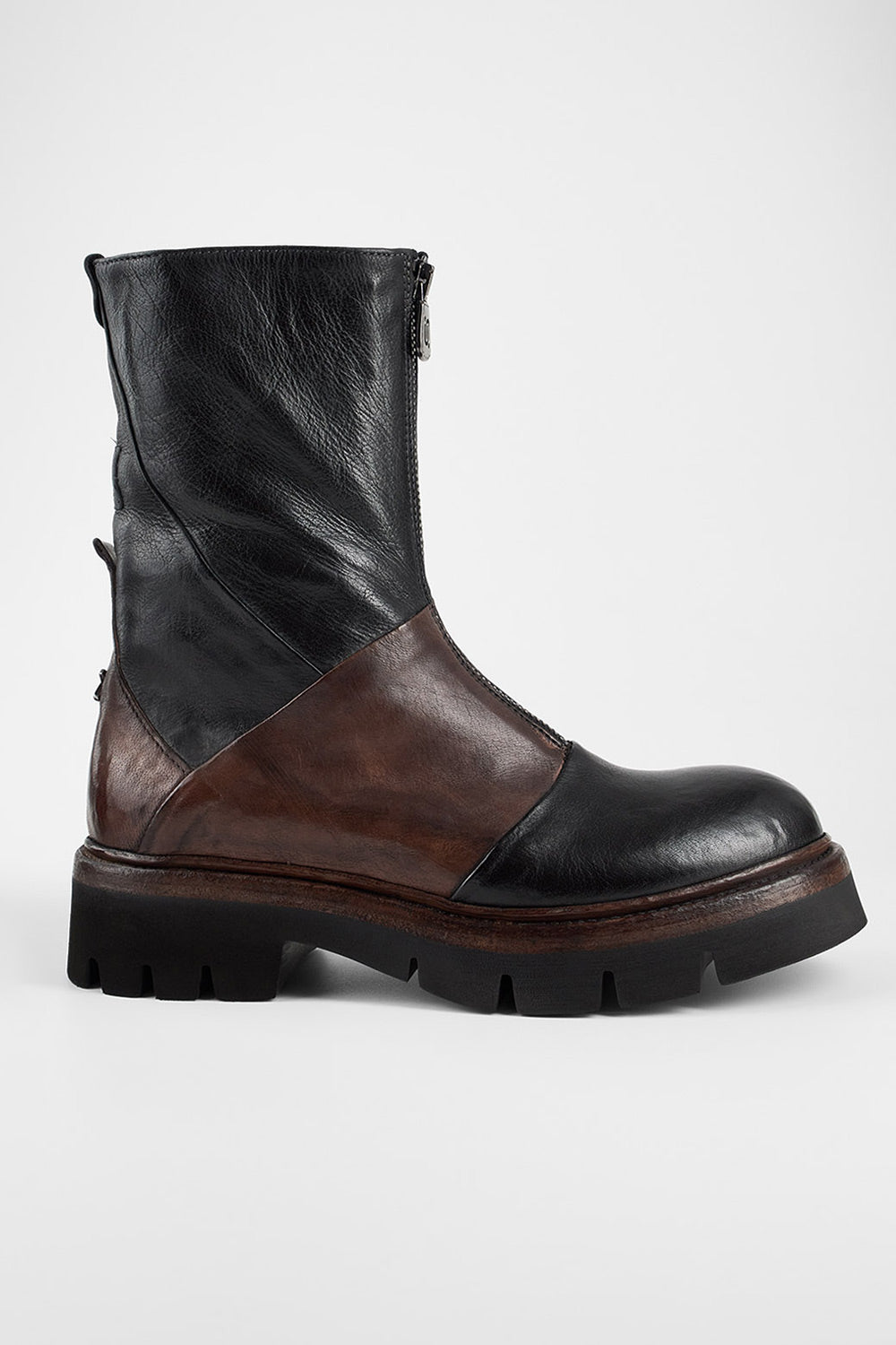 BLAKE tan & black welted front-zip boots.