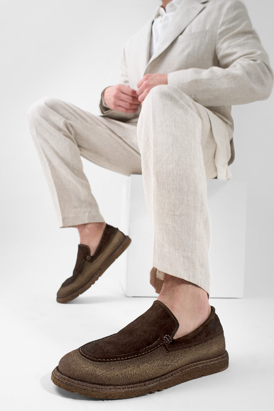 BYRON rye-brown suede & canvas lightweight loafers.