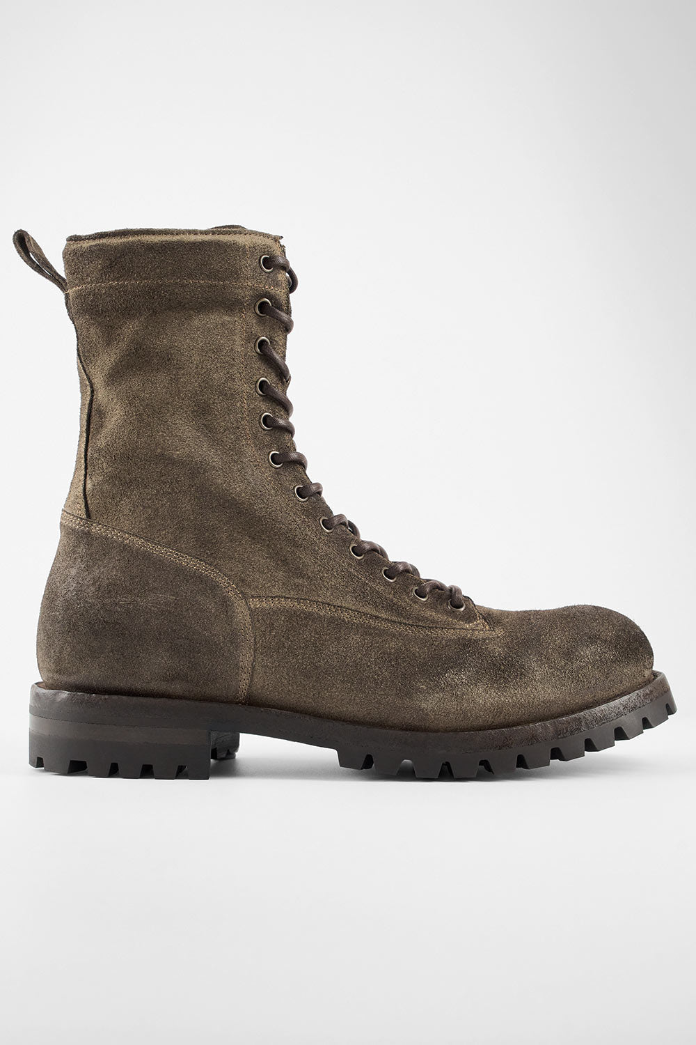 CAMDEN moss-brown suede military boots.