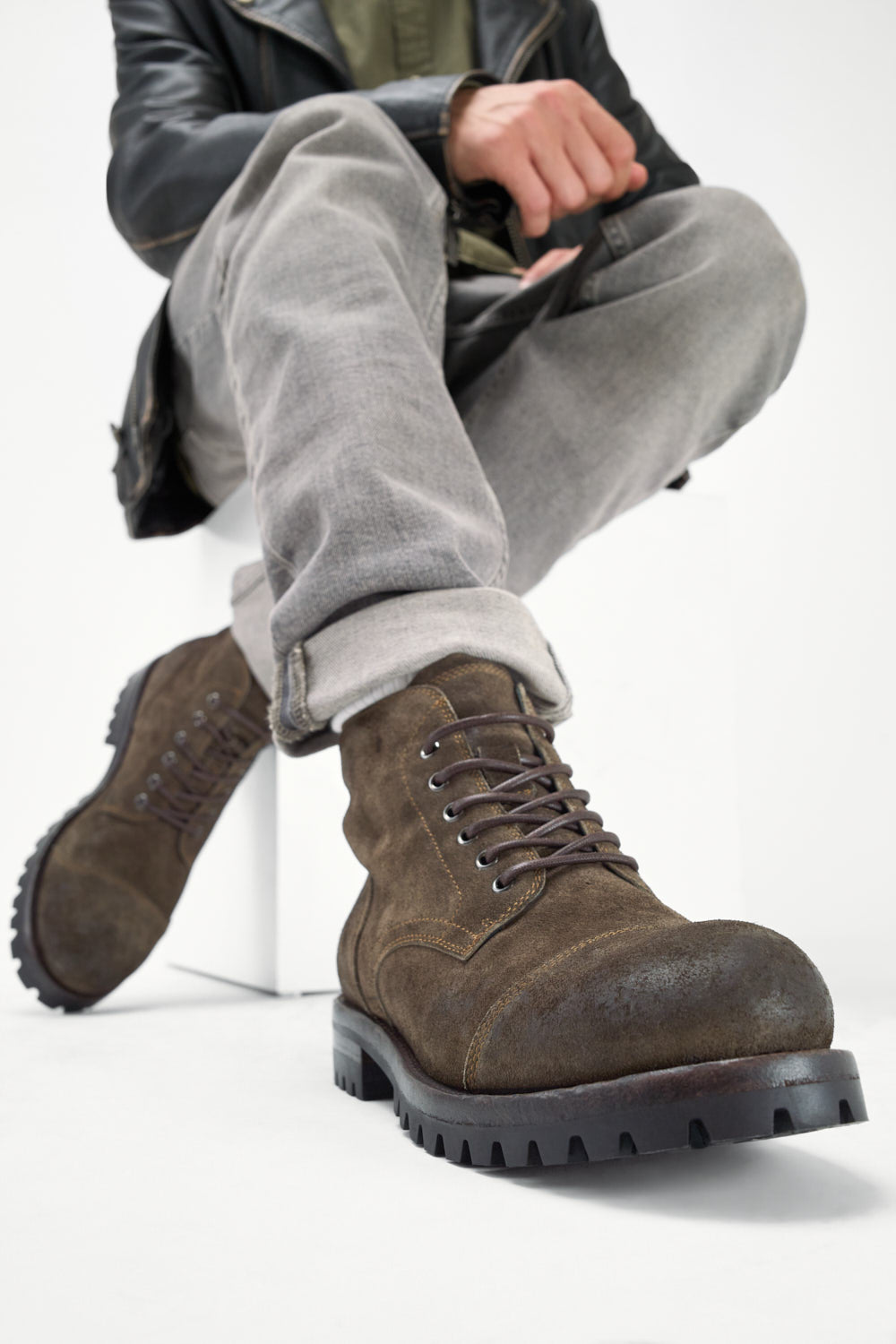 CAMDEN moss-brown suede lace up boots.