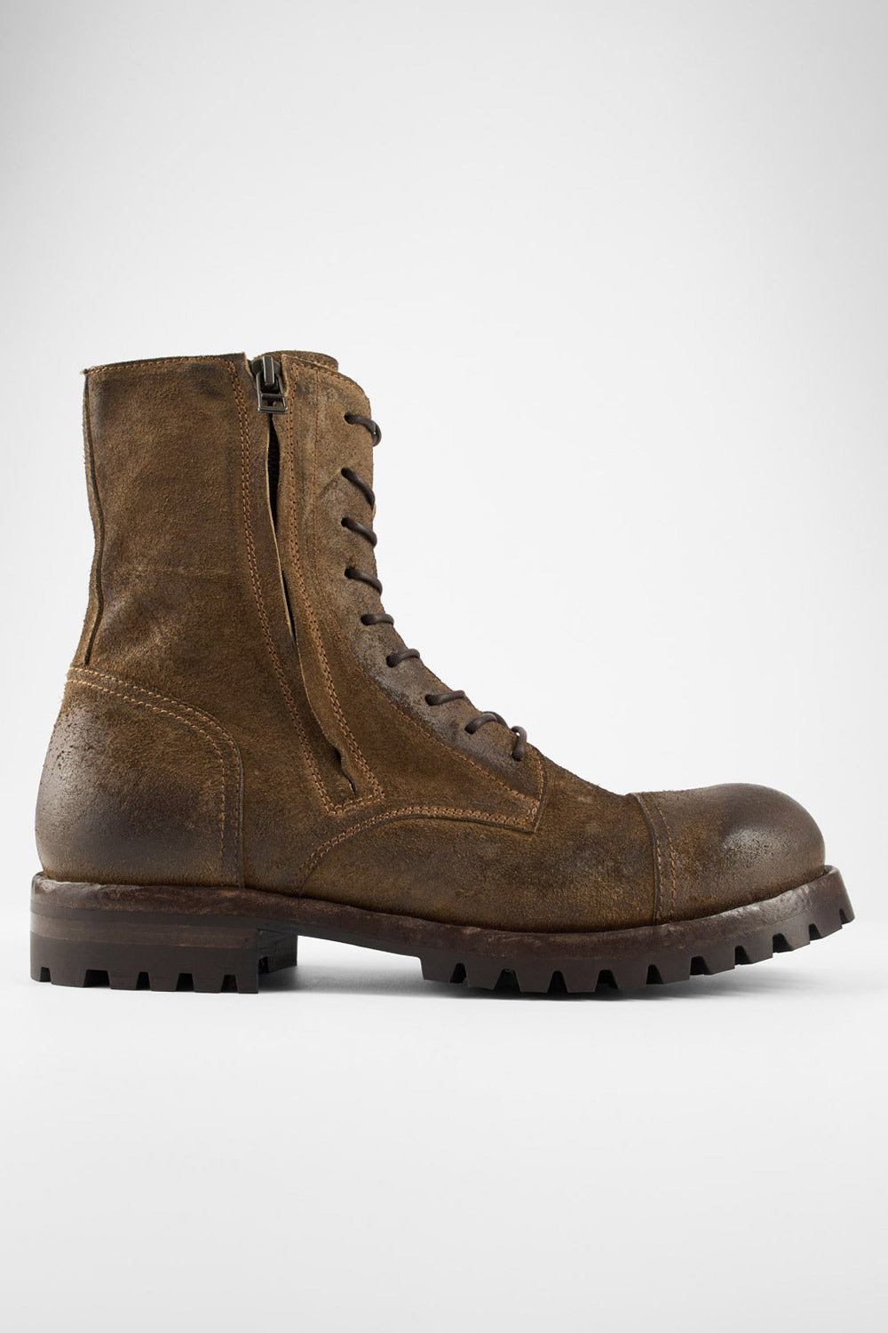 CAMDEN tundra-brown suede double-zip military boots.