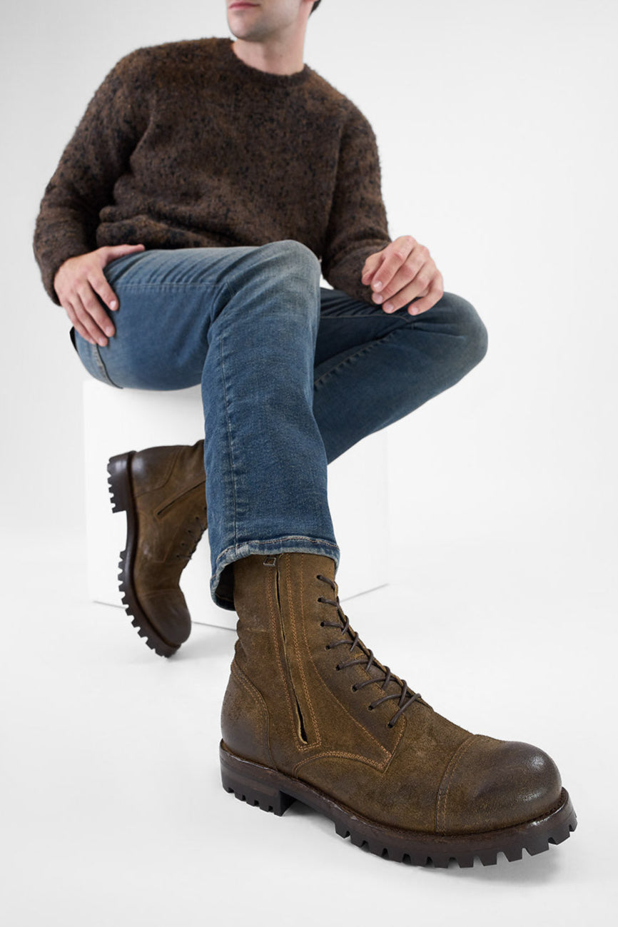 CAMDEN tundra-brown suede double-zip military boots.