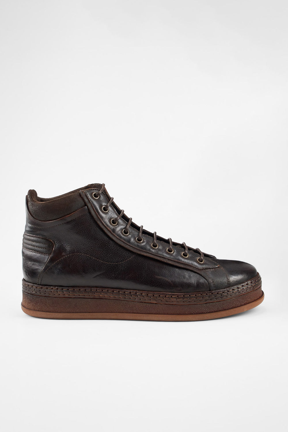 COLE dark-cocoa welted distressed high sneakers.