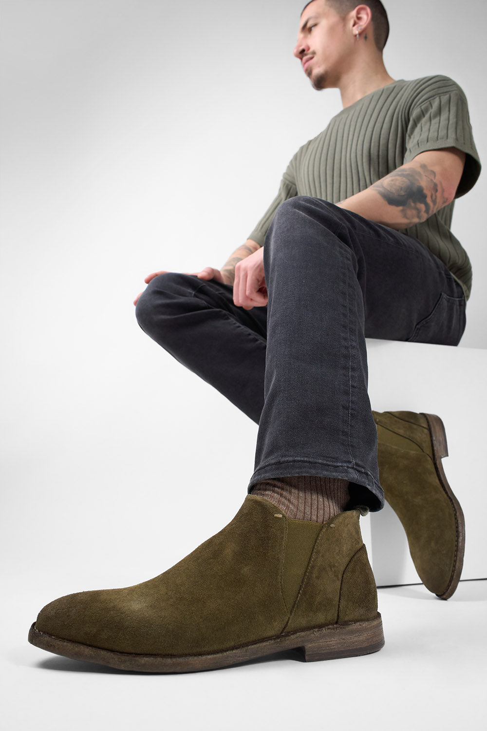 HAVEN hunter-green suede low chelsea boots.