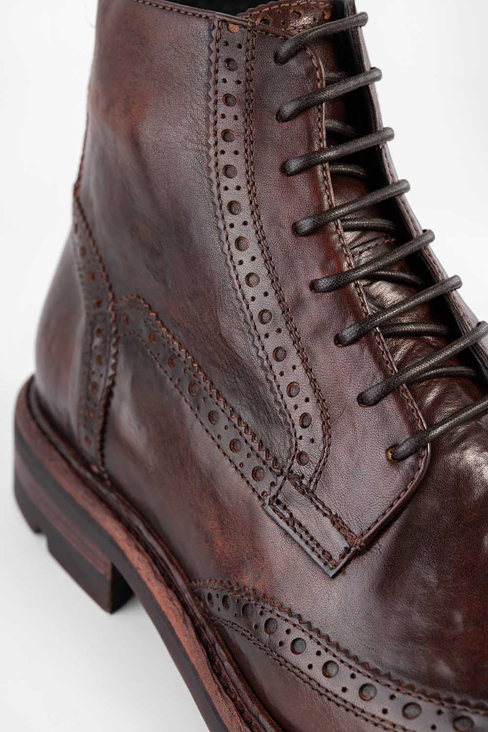 LENNOX dark-cocoa brogue lace up boots.