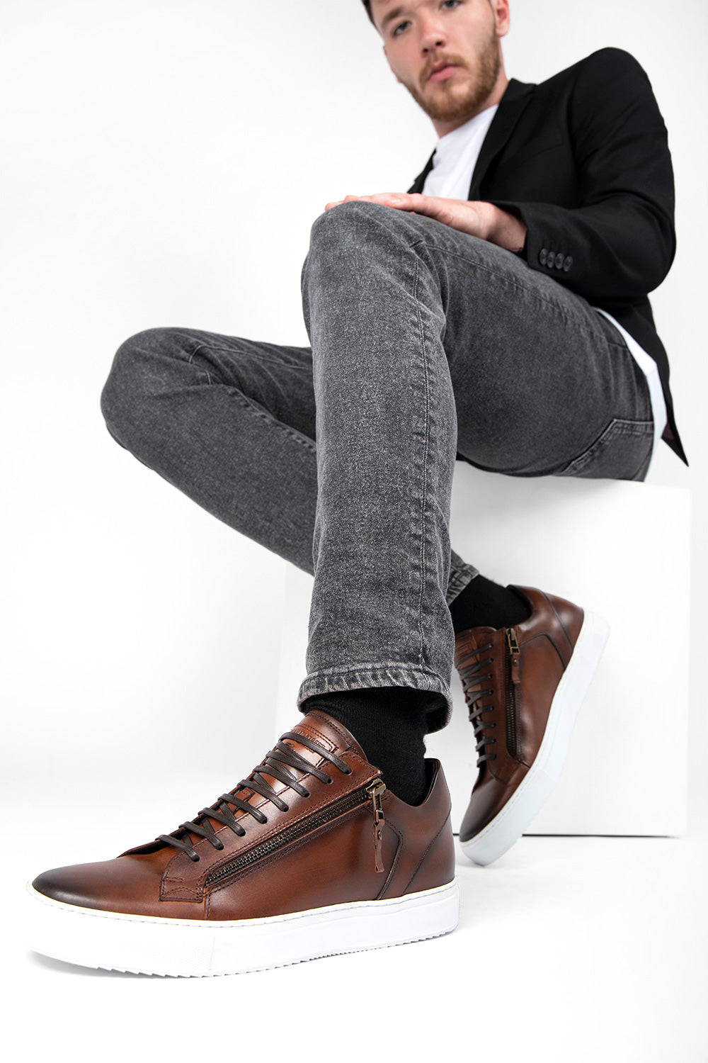 SOHO cocoa-brown double-zip patina sneakers.