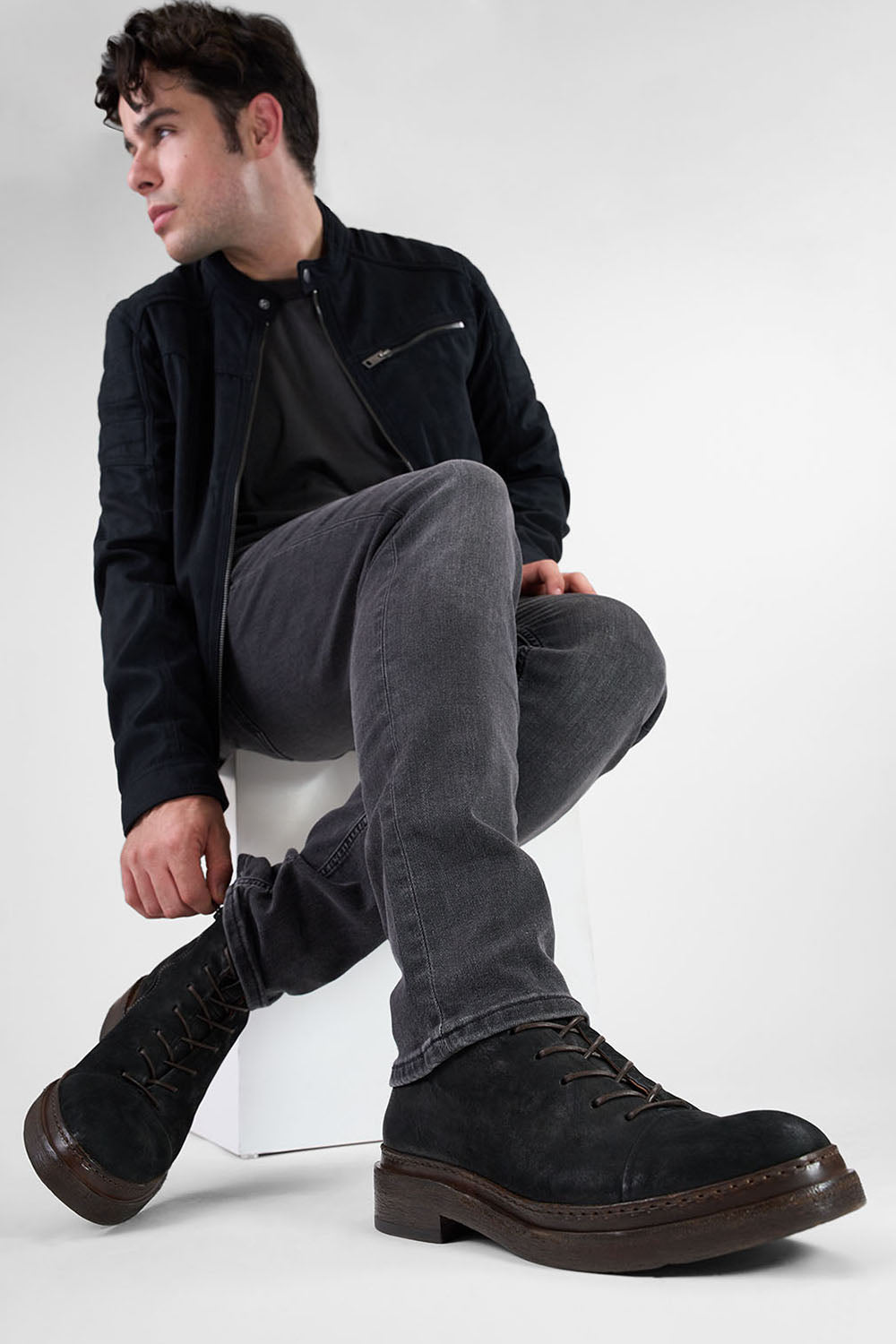 YALE distressed-black welted oxford lace up boots.