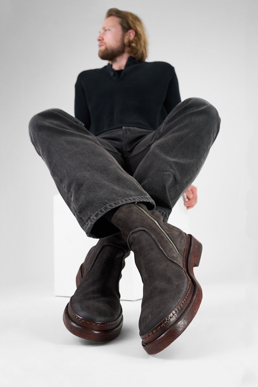 YORK lava-grey suede welted laceless boots.