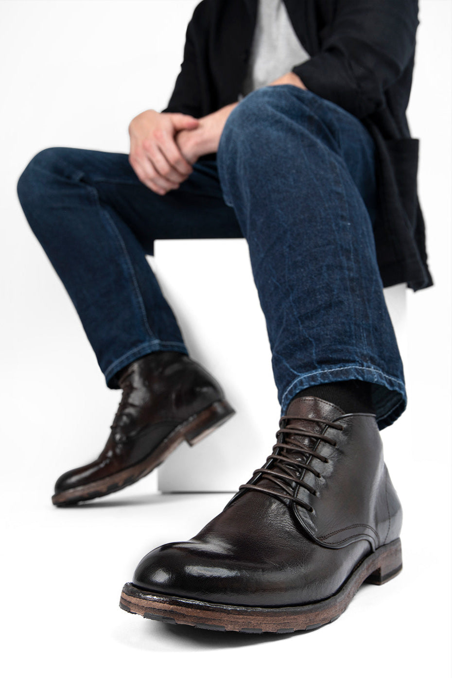 ASTON cigar-brown high chukka boots.