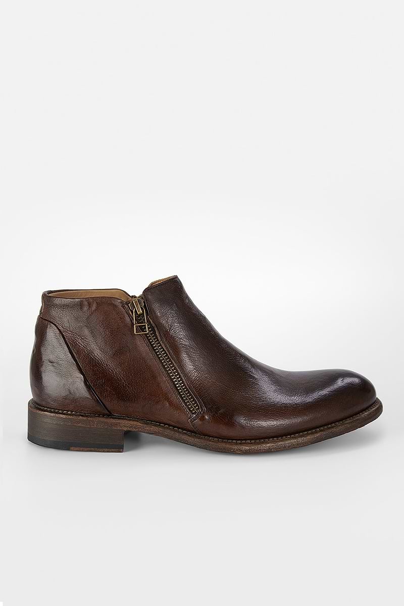 FOWT Dark Brown Men Fashion Round Toe Block Low Heel Stretchy Ankle Boots Mens Brown Ankle Dress Boots, Stylish Brown Leather Ankle  main image 4