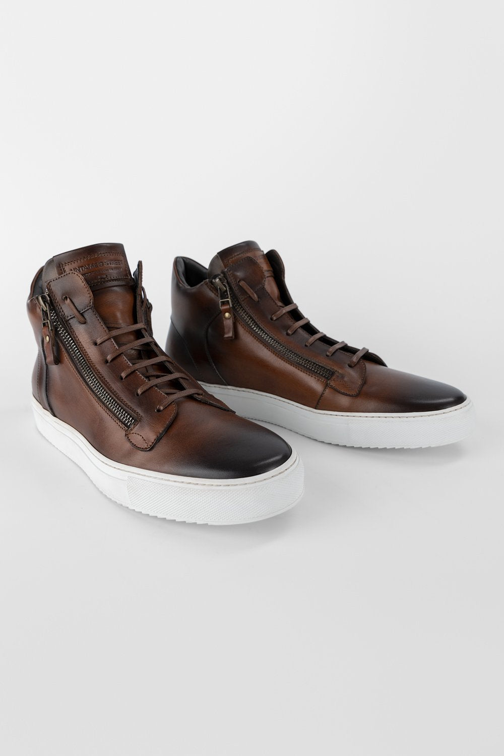 SOHO cocoa-brown patina high sneakers.