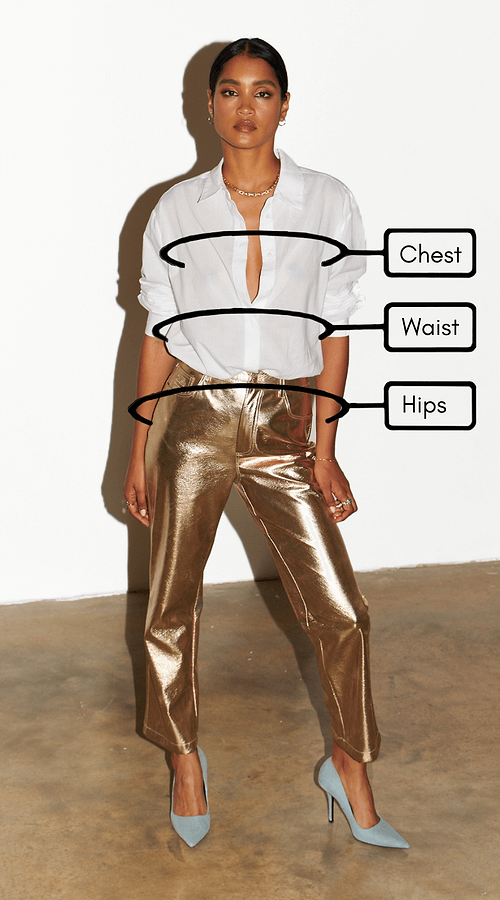 Graphic with arrows pointing to where to measure for chest, waist and hips