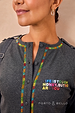 Charcoal ribbed T-shirt featuring rainbow-stitched button placket and Life Is Tough Honey multicoloured embroidery.