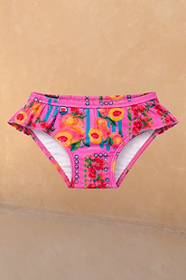 Girls pink fruit print bikini bottoms with a frill waistband and Mediterranean-inspired peach and berry design.