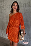 Thumbnail for Orange Sequin Tilly Dress Petite, a shimmering burnt orange sequin mini dress with an asymmetric off-the-shoulder neckline.