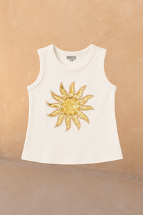 Girl's cream cotton sleeveless vest featuring an iconic yellow sequinned soleil sun motif.