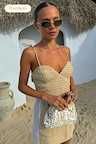 Beige Raffia Cecilia Top with glass beaded multi-tie straps and matching skirt for a premium holiday look.