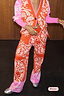 Thumbnail for Red Bandana Wide Leg Trousers Petite in a knit print featuring contrast pink hems and a co-ord cardigan.