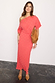 Coral Plisse Tilly Dress with gold flecks, an off-the-shoulder neckline and lettuce hem.