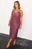 Burgundy Polka Dot Mesh Dress with pink dots and spaghetti straps, styled on a size 18 curve model.