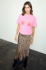 Pink Rose Boob T-Shirt featuring red rose prints, styled with a leopard print lace-trim midi skirt.