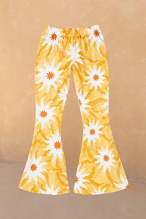 Girl's yellow cotton flared trousers in the iconic soleil sun print with an elasticated waistband.